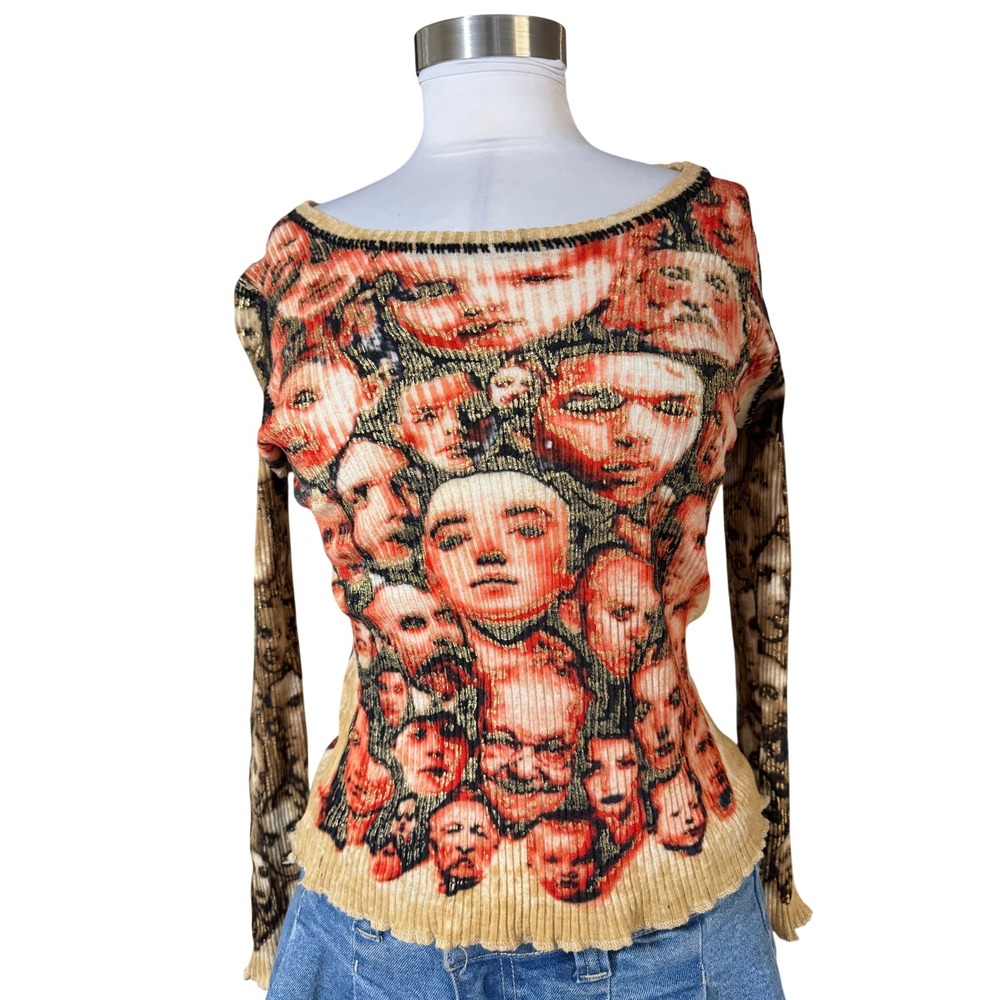 Vintage 1992 Fall Collection Jean Paul Gaultier Faces Long Sleeve Top M Orange